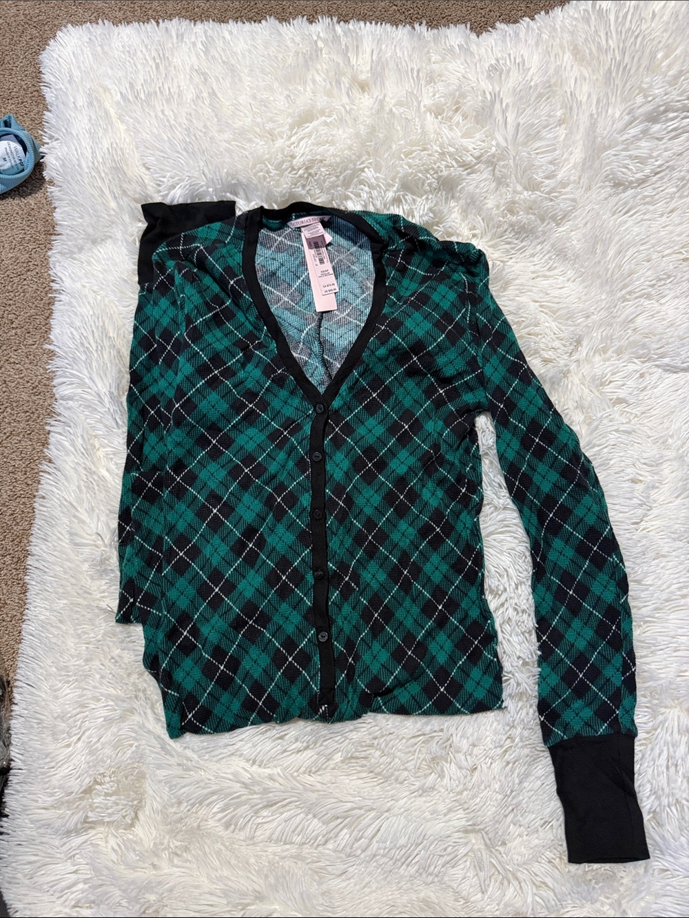 Victoria's Secret Black & Green Plaid Button Cardigan